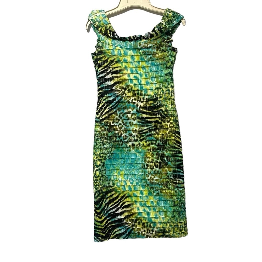 Joseph Ribkoff Green Yellow Animal Print Off Shoulder Ruffle Dress Size 4